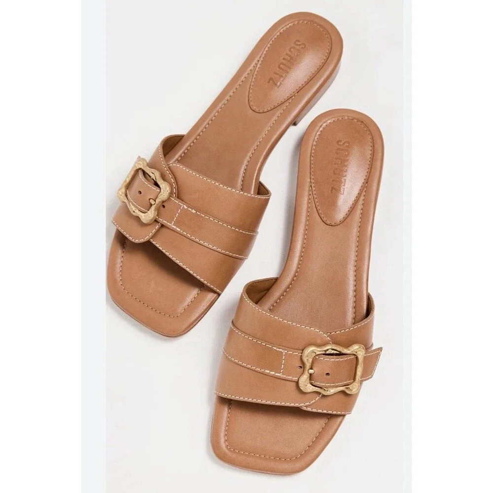 Schutz Wavy Sandals Size 7.5 $155 Brown Leather Flats Buckle Slides Casual Shoes
